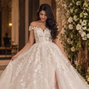 Off Shoulder Floral Lace Ball Gown Wedding Dress