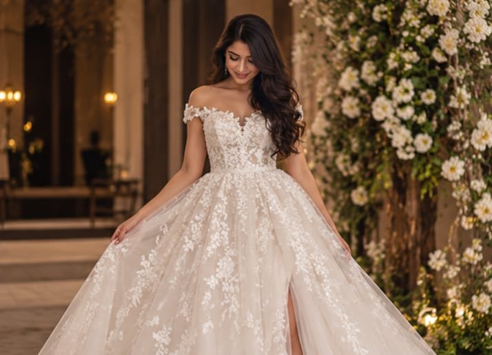 Off Shoulder Floral Lace Ball Gown Wedding Dress
